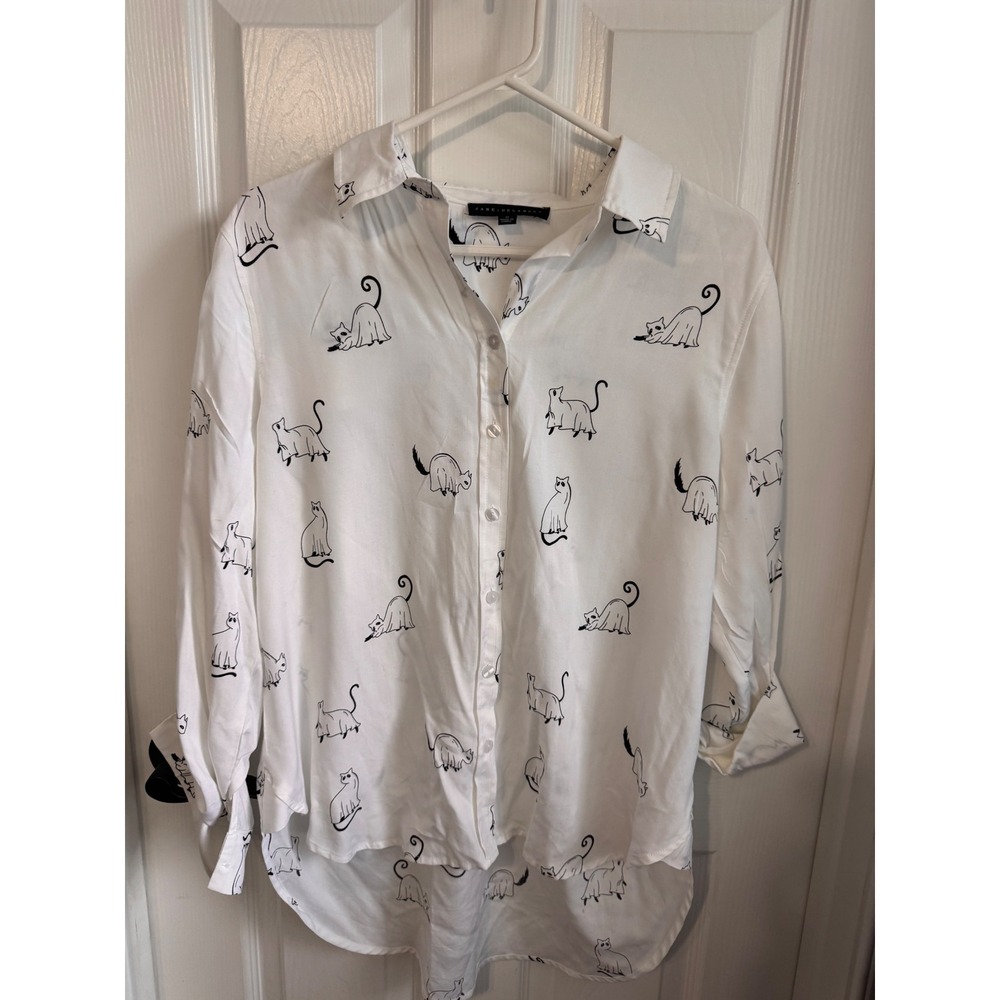Jane + Delancey Cat Print Blouse Size M White Black Button Down